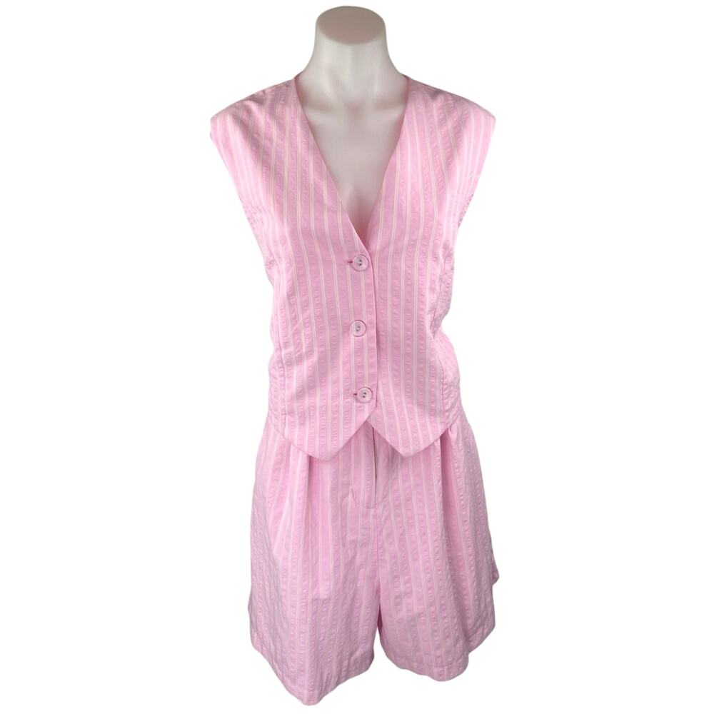 NEW Glamorous Pink White Striped Sleeveless Button Up Vest Top Shorts Set Sz 10